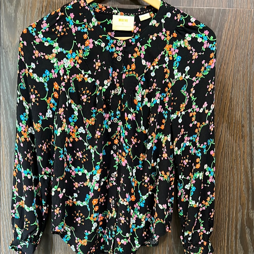 Maeve by Anthropologie, Floral Black Button-Up Blouse, x-small